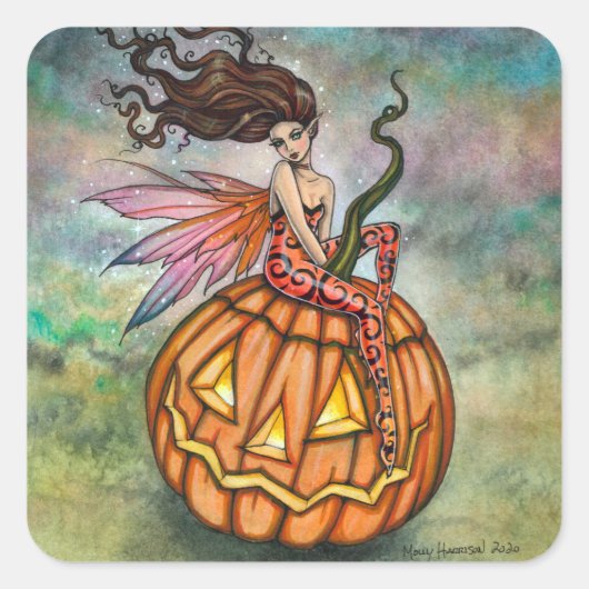 モリー・ハリソンによるハロウィーンの妖精の絵 スクエアシール (正面)