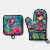 モリー・ハリソンによる二人のかわいい花の妖精アート 鍋つかみ&鍋敷きセット (正面)