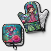 モリー・ハリソンによる二人のかわいい花の妖精アート 鍋つかみ&鍋敷きセット (正面/裏面)