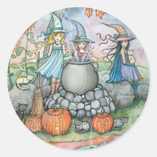 モリー・ハリソンによる魔女キャットハロウィーンステッカー ラウンドシール (正面)