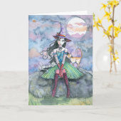 モリー・ハリソン作の魔女猫のハロウィンカード カード (黄色い花)