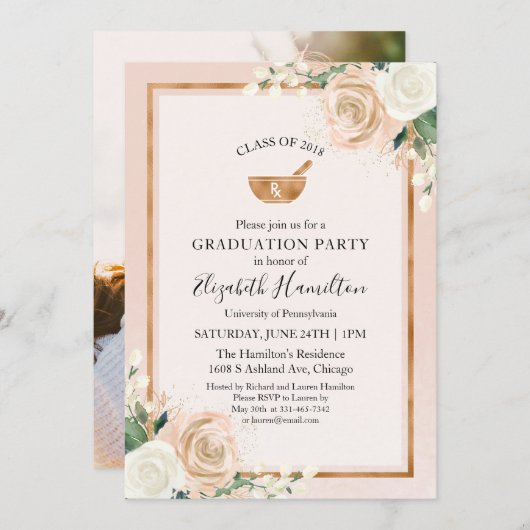 モルタルとペスルRx薬局スクールグラッド写真 招待状 (正面/裏面)