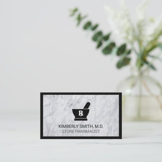 モルタルと杵 | 白大理石黒縁ど 名刺 (スタンド正面)