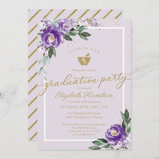 モルタルペッスル薬局グラードパーティーパープルフローラ 招待状 (正面/裏面)