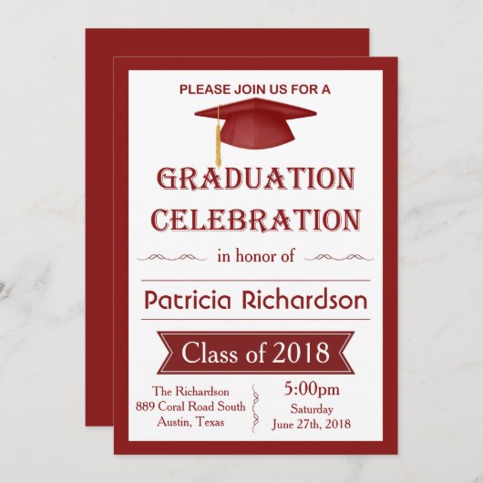 モルタル、赤と白の卒業パーティー招待状 招待状 (正面/裏面)