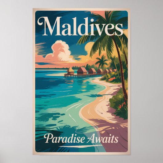 モルディブのビーチイラスト旅行アートヴィンテージ ポスター (正面)