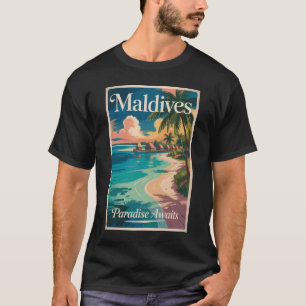 モルディブのビーチイラスト旅行アートヴィンテージ Tシャツ