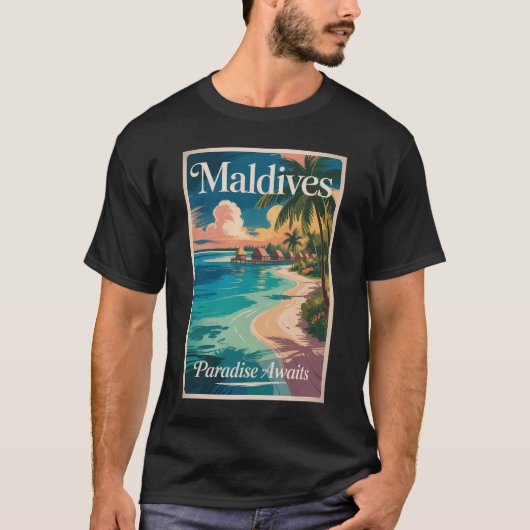 モルディブのビーチイラスト旅行アートヴィンテージ Tシャツ (正面)