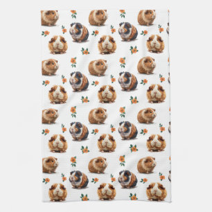 モルモットとオレンジ色の花 キッチンタオル