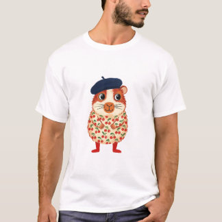 モルモットのベレー帽Tシャツ - かわいいフォークアートのシャツ Tシャツ