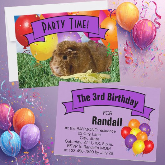 モルモットの子供の3歳の誕生日パーティーバルーン 招待状