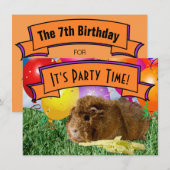 モルモットの子供の7歳の誕生日パーティーバルーン 招待状 (正面/裏面)