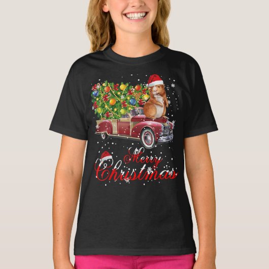 モルモット乗りレッドトラッククリスマス Tシャツ (正面)