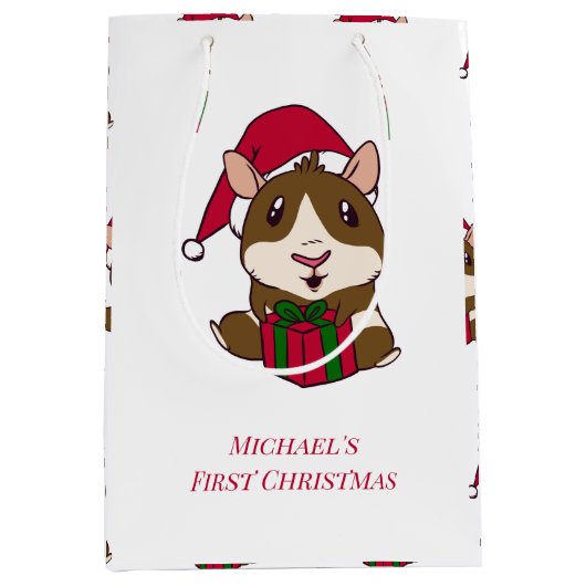 モルモット初めてのクリスマスかわいいペットパーソナライズされた ミディアムペーパーバッグ (正面)