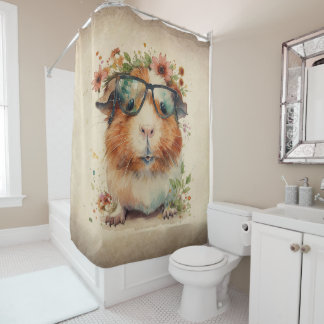 モルモット眼鏡の水彩フローラアート シャワーカーテン