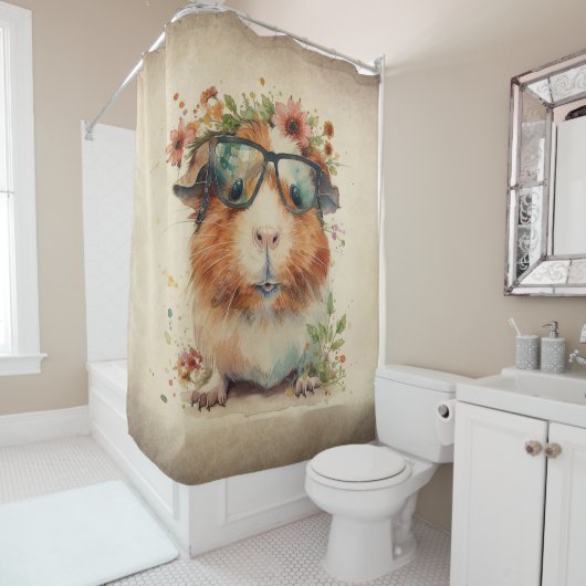 モルモット眼鏡の水彩フローラアート シャワーカーテン (インサイチュ)