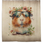 モルモット眼鏡の水彩フローラアート シャワーカーテン (正面)