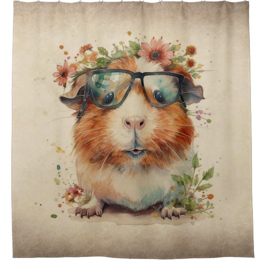 モルモット眼鏡の水彩フローラアート シャワーカーテン (正面)