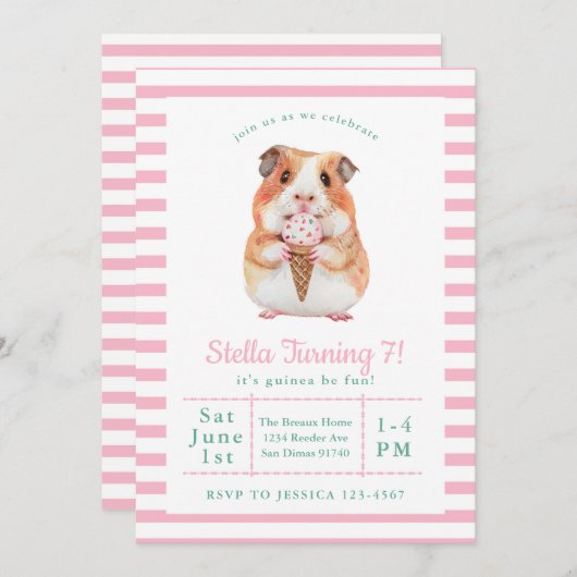 モルモット誕生日パーティーアイスクリーム 招待状 (正面/裏面)