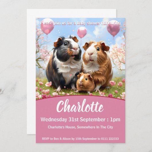 モルモット赤ちゃんシャワー 招待状 (正面/裏面)