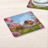モルモット・ピンク・フラワーパラダイス スクエアペーパーコースター (アングル)