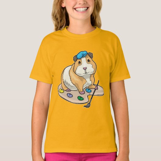 モルモット 画家 ペイントブラシ 絵画 Tシャツ (正面)