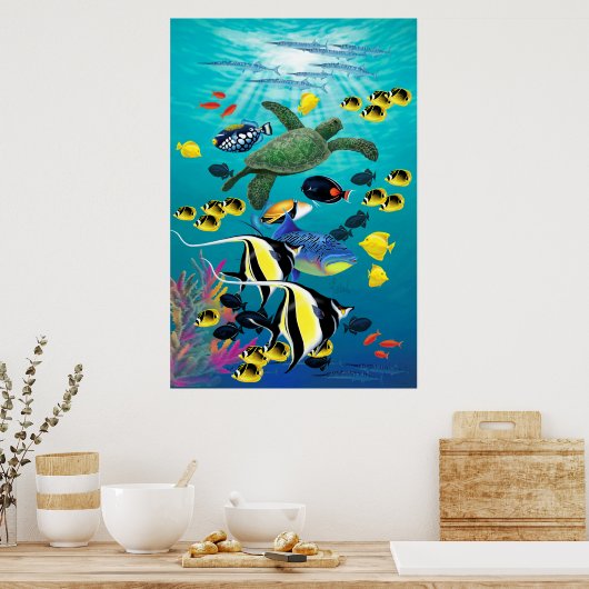 モロキニコーブハワイアントロピカルフィッシュイラストレーション ポスター (キッチン)