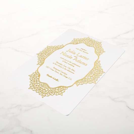 モロッカン ラティス ジオメトリック マンダラ ウェディング 箔招待状 (回転した状態)