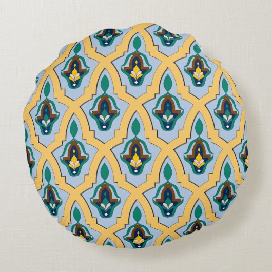 モロッコのアラビア語のトレーサリーパターン(青と黄色) ラウンドクッション (裏面)