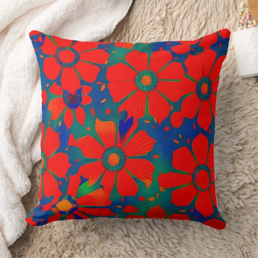 モロッコのエキゾチックな赤オレンジ色の青ティール(緑がかった色)緑のフローラ クッション (ブランケット)