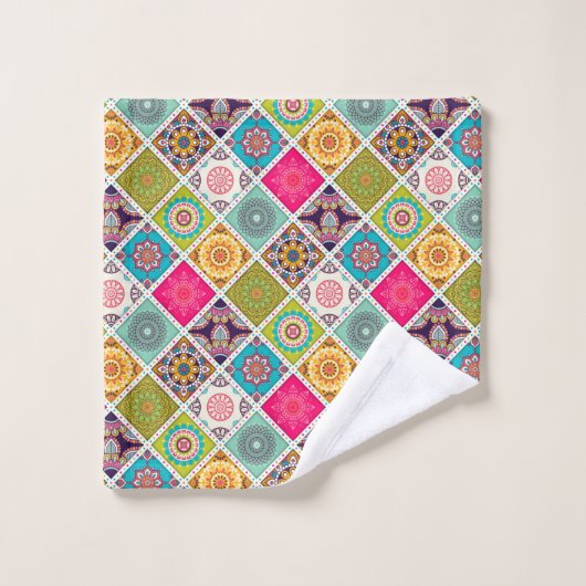 モロッコのスタイルのピンクと青モダンの模様 バスタオルセット (ウォッシュタオル)