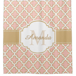 モロッコのタイルパターン上品なピンクの珊瑚のモノグラム シャワーカーテン