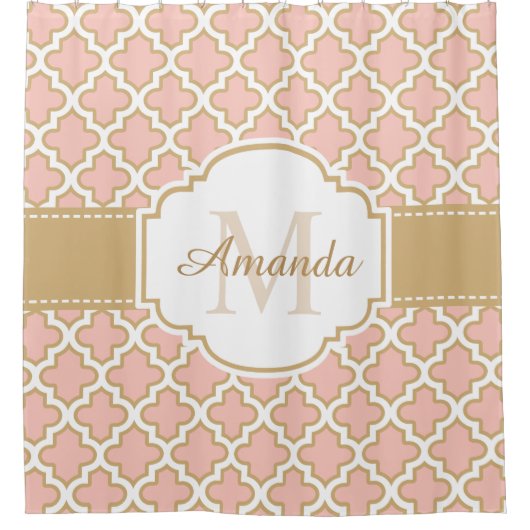 モロッコのタイルパターン上品なピンクの珊瑚のモノグラム シャワーカーテン (正面)