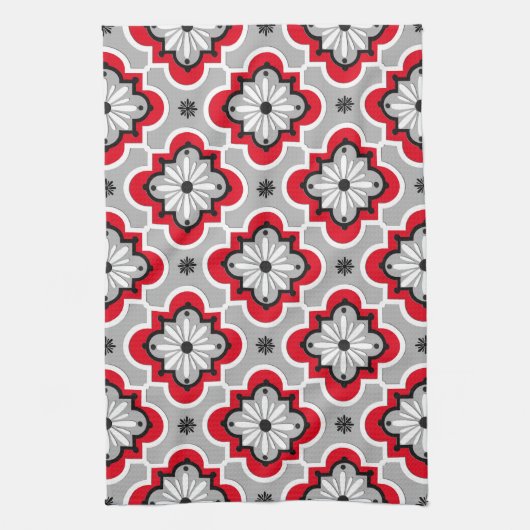 モロッコのタイルパターン-灰色および赤 キッチンタオル (縦)