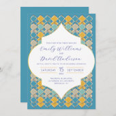 モロッコのタイル黄色の青の黄金のQRコード 招待状 (正面/裏面)