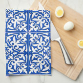 モロッコのタイル-コバルトブルーおよび白 キッチンタオル (四つ折り)