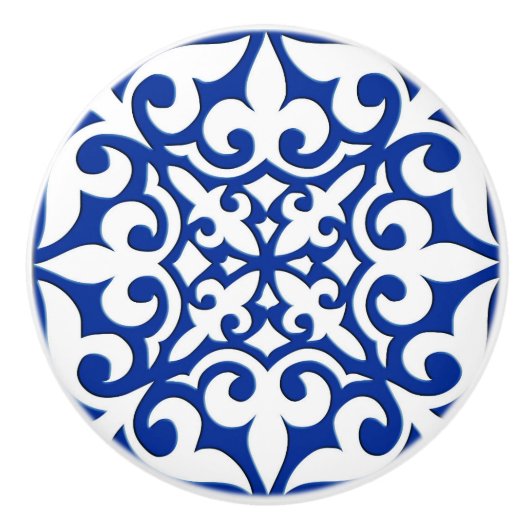 モロッコのタイル-コバルトブルーおよび白 セラミックノブ (正面)