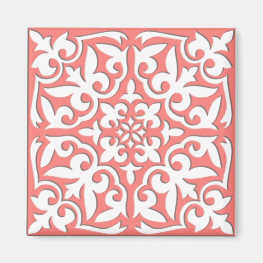 モロッコのタイル-珊瑚のピンクおよび白 マグネット (正面)