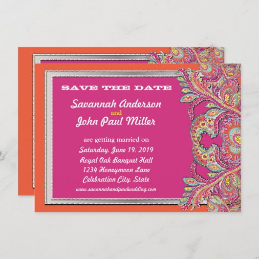 モロッコのタンジェリン&明るい赤紫色の結婚式の日付を保存 招待状 (正面/裏面)