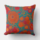 モロッコのファブリックエキゾチックな赤オレンジ色のティール(緑がかった色) クッション (正面)