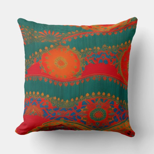 モロッコのファブリックエキゾチックな赤オレンジ色のティール（緑がかった色）金ゴールド クッション (正面)