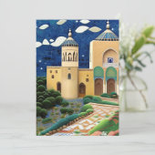 モロッコのモザイク モスク 青 緑の Eid Mubarak 招待状 (スタンド正面)