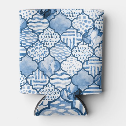 モロッコの幾何学的、水色のシームレスなパターン。 缶クーラー (正面)