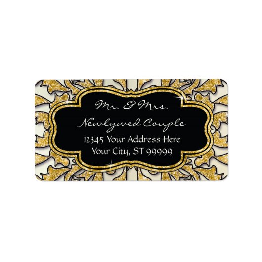 モロッコの渦巻スクロール金ゴールドのグリッターのエレガントな結婚式 ラベル (正面)