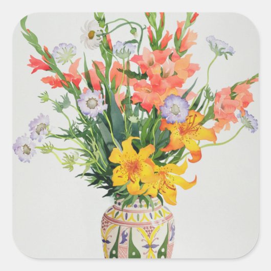 モロッコの花瓶にオレンジと青の花 スクエアシール (正面)