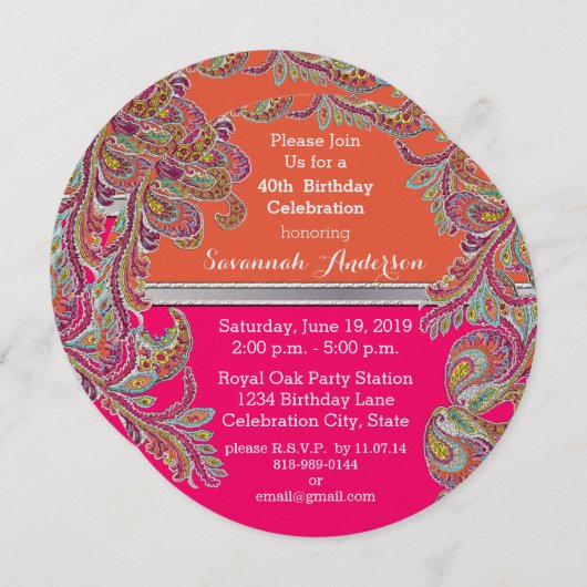 モロッコの蜜柑及びショッキングピンクの第40誕生会 招待状 (正面/裏面)