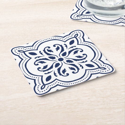 モロッコはっきりしたブルー幾何学模様 スクエアペーパーコースター (アングル)