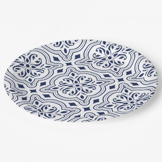 モロッコはっきりしたブルー幾何学模様 ペーパープレート (アングル)