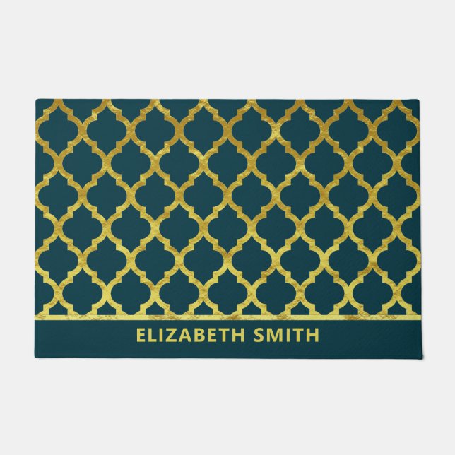 モロッコアラベスク金ゴールドアンドブルー ドアマット (正面)