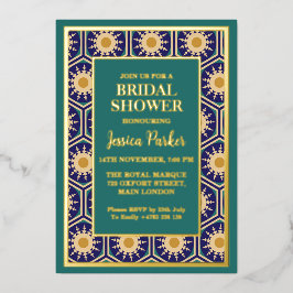 モロッコアートワークグリーンゴールデンクラッシーブライダルシャワー 箔招待状